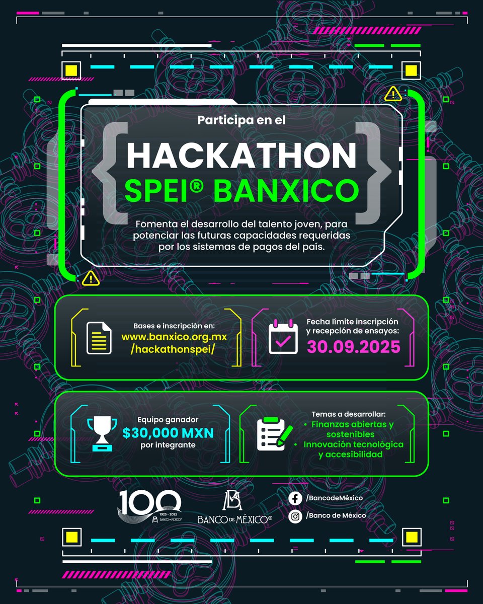 ¿Eres estudiante de nivel licenciatura o equivalente y te apasiona la tecnología, innovación o finanzas? #HackathonSPEI es para ti.

📅 Tienes hasta el 30 de septiembre para inscribirte. 
banxico.org.mx/hackathonspei/