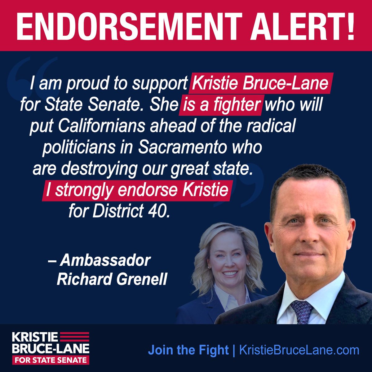 I am honored and grateful to have Ambassador Richard Grenell's support for our campaign that is focused on common-sense reform and fighting for the forgotten Californians! Join the fight at KristieBruceLane.com

<a href="/RichardGrenell/">Richard Grenell</a> <a href="/carldemaio/">Carl DeMaio</a> <a href="/CaliforniaGlobe/">California Globe</a> <a href="/KATYSaccitizen/">Katy Grimes</a>