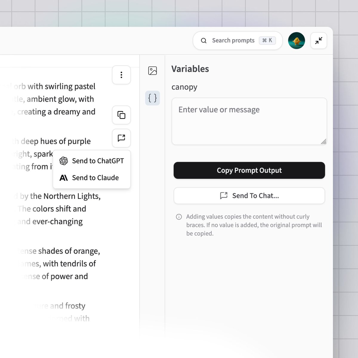You ever have a features that you've put off for weeks only to find out it was super easy to implement?

I thought adding URL query params to prompts would be a pain. Ended up knocking it out in 20mins.

Now you can send your prompts to Claude or GPT