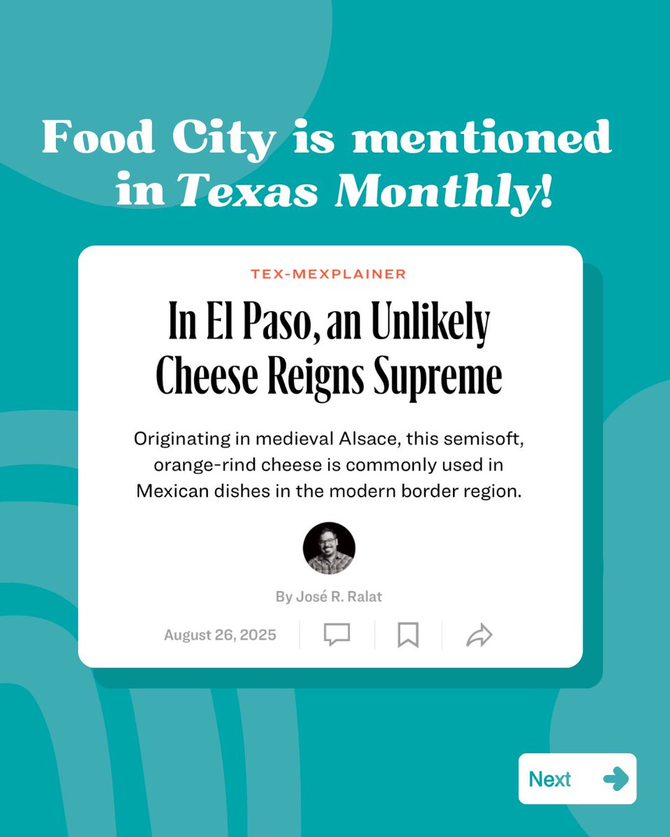 FoodCityEP's tweet photo. We’re excited to be mentioned in @TexasMonthly's latest article by @TacoTrail highlighting the love for Muenster Cheese in El Paso–Juárez! 🧀🤩

Come taste why our Muenster has been part of El Paso homes for decades! 👏

Article: https://t.co/bnV5rdtGA8

#FoodCity https://t.co/kzj5CxqG8i