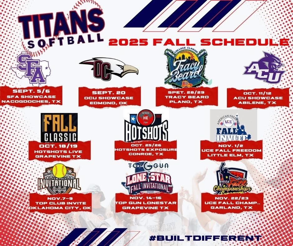 Fall Schedule Drop
Here is the composite fall schedule for our Titans 16U and 18U Teams.  So excited to hit the field with these exceptional young ladies!!!  Let's go Titans!! #BuiltDifferent