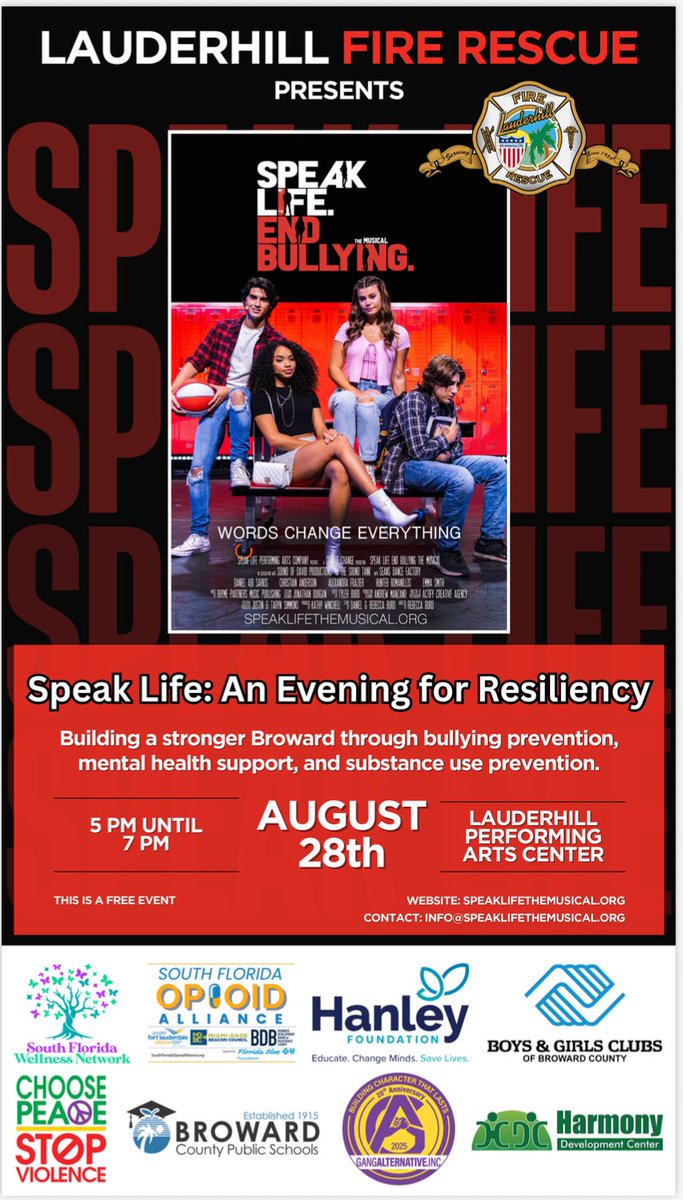 Thursday, August 28th, join us @ The Lauderhill Performing Arts Center to watch this amazing film: Speak Life. End Bullying The Musical Film.   Student volunteer hours upon request <a href="/browardschools/">Broward County Public Schools</a> <a href="/UnitedWayBC/">United Way Broward</a> <a href="/CSCBroward/">CSC Broward</a> <a href="/CityLauderhill/">City of Lauderhill</a> <a href="/LauderhillFDPIO/">Lauderhill Fire PIO</a> <a href="/myGA_Mia/">Gang Alternative, Inc.</a> <a href="/hanleyfndn/">Hanley Foundation</a>