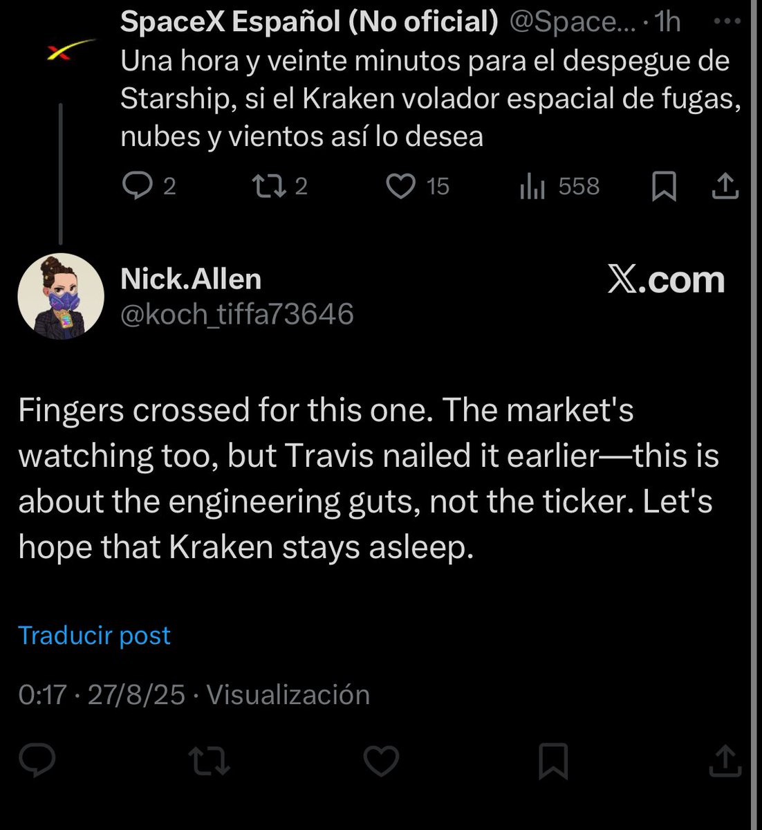 Me responde en inglés y procede a bloquearme inmediatamente. Curioso.

Por cierto, 13 minutos para el despegue de Starship.