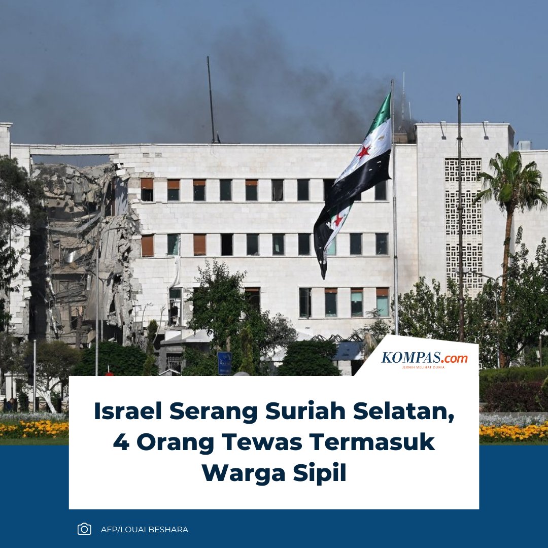 kompascom's tweet image. Serangan Israel di  Suriah selatan menewaskan sedikitnya empat orang pada Selasa  (26/8/2025), menurut laporan media pemerintah dan pejabat resmi Suriah.

Klik untuk baca: kompas.com/global/read/20…

| #Suriah #Israel