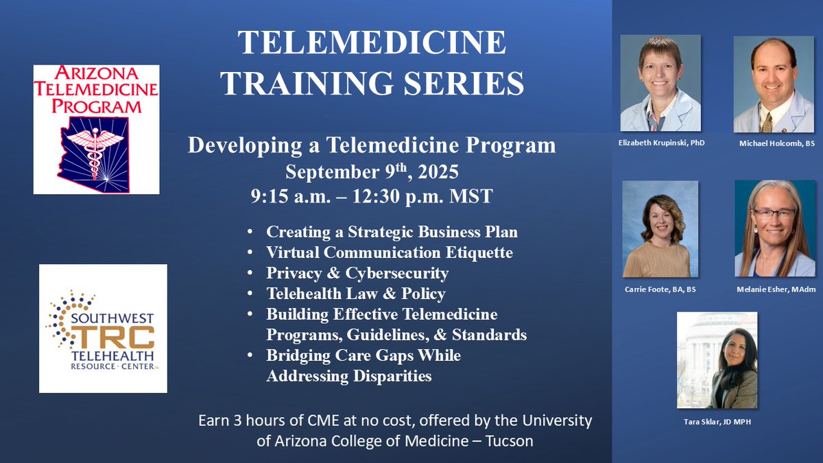 It’s back! Join the <a href="/SWTRC1/">Southwest Telehealth Resource Center</a> and <a href="/UAZATP/">Arizona Telemedicine Program</a> for our Developing a Telemedicine Program training.
✅ Build your program
✅ Navigate compliance &amp; reimbursement
✅ Optimize workflows &amp; tech
✅ Expand services for your community
Free CME included! Register now: telemedicine.arizona.edu/training/devel…