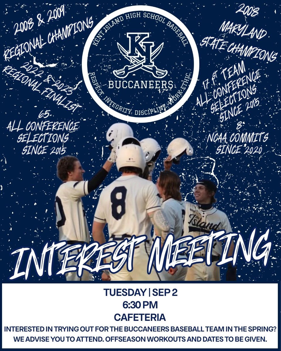 🚨 Baseball Interest Meeting 🚨 

🗣️ For all current and future Bucs
📍 KIHS Cafeteria
🗓️ Tue, 9/2/25 (6:30 pm)
📣 Discuss the off-season &amp; answer any questions about the program

Parents are welcome &amp; encouraged to attend.