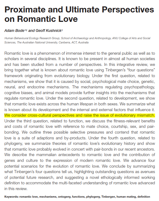 Taş Devri beyinlerimiz modern bir dünyada yaşadığı için aşk bazı sorunlara yol açtı: 
-Atalarımız, fiziksel yakınlığı olan sınırlı küçük gruplar halinde yaşardı. Modern çağda sınırsız eş seçeneği karar felcine, bağlanma zorluğuna ve sürekli "daha iyisi var mı?" endişesine yol