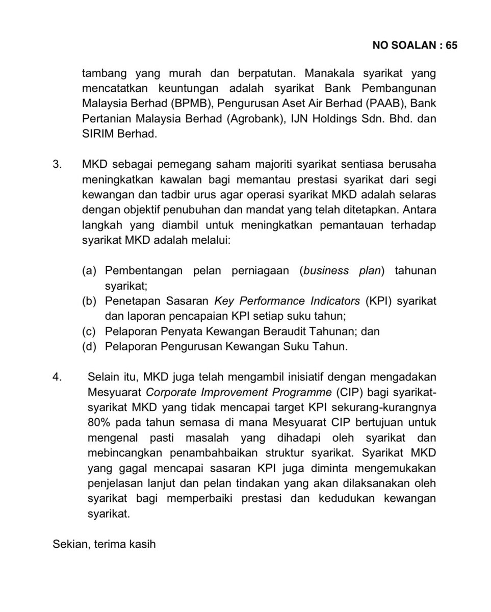 MOF bukan buat kenyataan tapi jawab soalan lisan dalam parlimen yang MP Kepong tanya i.e. senaraikan GLC yang rugi dan langkah-langkah menangani kerugian.

MOF sendiri jawab syarikat GLCs tersebut bukan berorientasikan keuntungan.