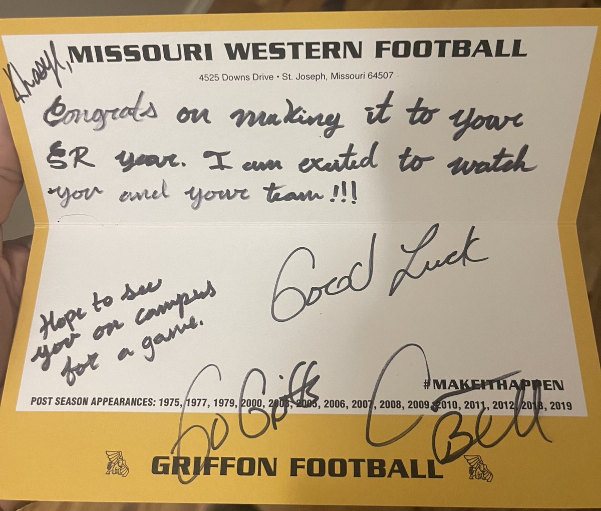 Thank you Coach <a href="/abellboys/">Aaron Bell</a> for the letter. I appreciate all the love and support. I can’t wait to get up on campus for a game! excited to see what <a href="/MWSU_Football/">Missouri Western Football</a> is all about! <a href="/ParkviewVikings/">Parkview Football</a>