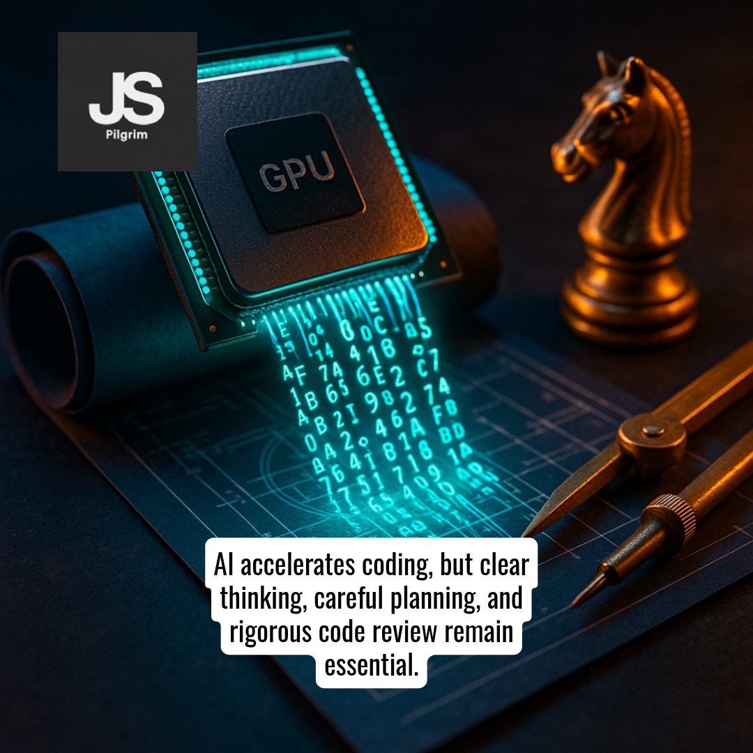 javascriptpilgm's tweet image. The power or using AI to do coding work is in the execution speed. It isn't to forego thinking altogether. If anything you should focus more on getting your thought processes right, planning well and reviewing the code that LLMs produces #codingWithAI