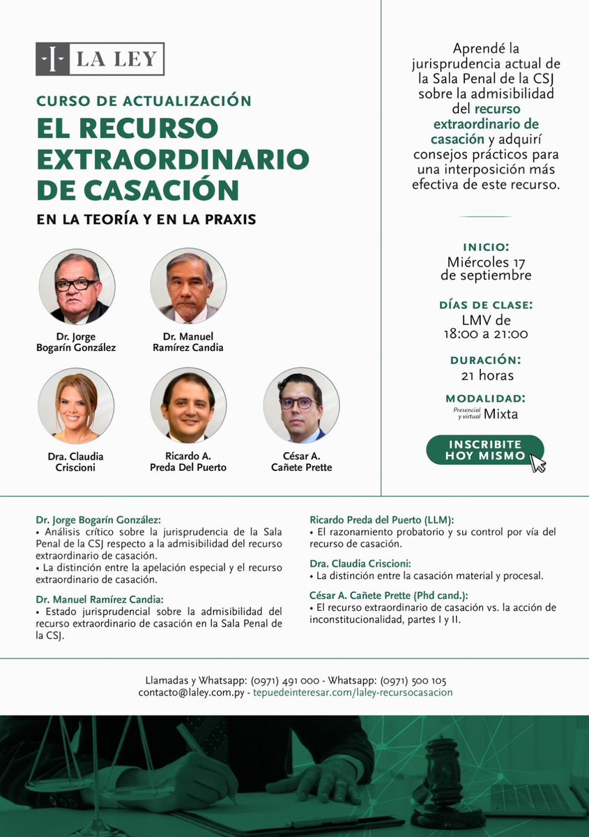 Invito cordialmente a todos los colegas a participar de unas jornadas teóricas y prácticas sobre el Recurso Extraordinario de Casación,  que no dudo, serán enriquecedoras. Inscríbete! <a href="/laleyparaguaya/">La Ley Paraguaya</a>