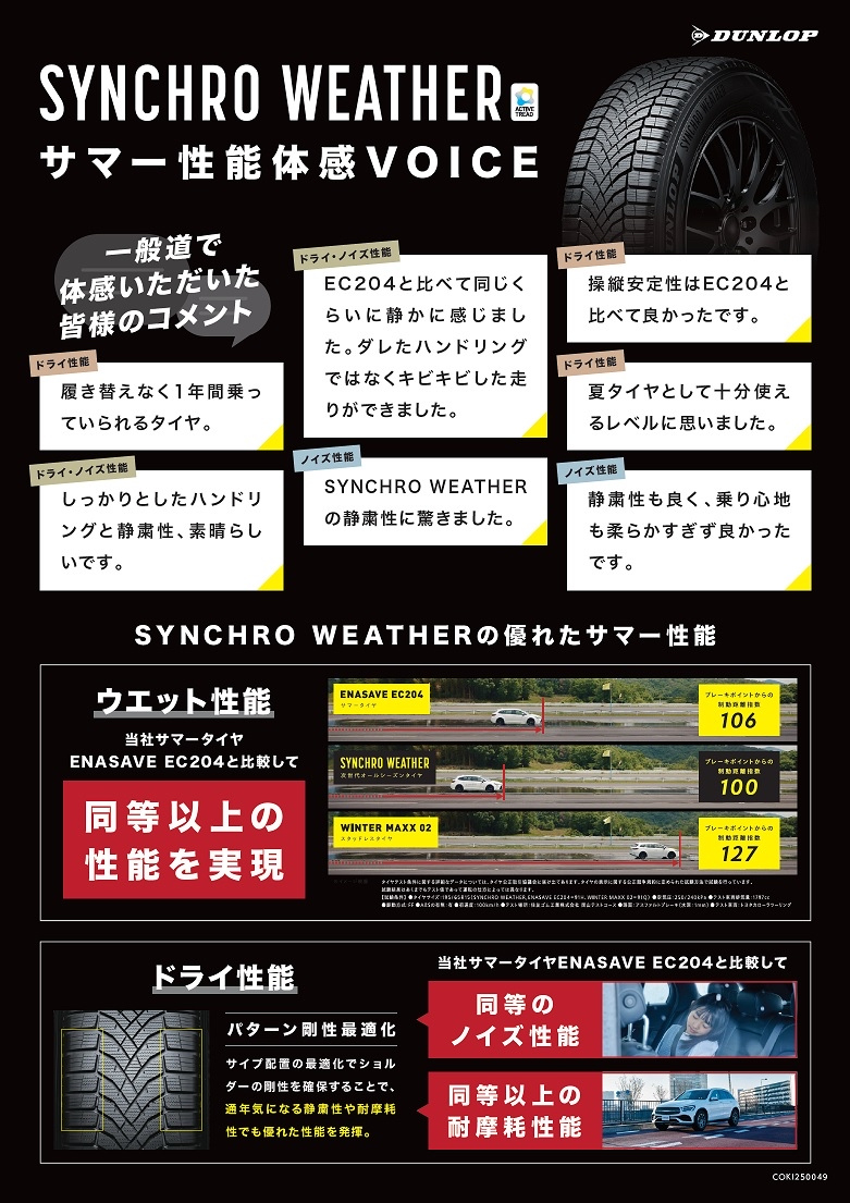 tskasiwa's tweet photo. CMでも話題の次世代オールシーズンタイヤ「シンクロウェザー」！当店では試乗車をご用意しております♪
冬場の性能はもちろんですが、夏タイヤ性能も好評いただいています！
どうぞお気軽にスタッフまでお声がけください♬
＃タイヤセレクト
＃オールシーズンタイヤ
＃シンクロウェザー
#ダンロップ https://t.co/iGcAD4TToQ