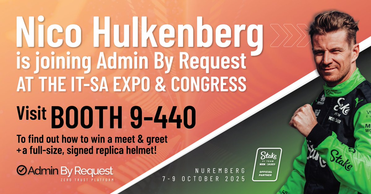 AdminByRequest's tweet photo. ANNOUNCMENT TIIIIIME 🗣️

@HulkHulkenberg is joining @AdminByRequest at it-sa's 𝗘𝘅𝗽𝗼 & 𝗖𝗼𝗻𝗴𝗿𝗲𝘀𝘀!!!

If you don't want to miss this, make sure you've got your tickets to the event, and you swing by 𝗕𝗼𝗼𝘁𝗵 𝟵-𝟰𝟰𝟬 to find out how you can get to meet him in person.

We’re also giving you a shot at a special prize: an Official, full-size, signed replica @stakef1team_ks helmet 😍 To enter, pop over to our booth and scan the QR code on the rollup banner, it’s that simple.

Want the full details and to see where else we’ll be this year? Head to our Events page linked below for everything you need. See you in Nuremberg!

https://t.co/xkjG8hRp85

#itsa #itsaExpo #itsa365 #Conference #Germany #Nuremberg #Demo #EPM #SecureRemoteAccess #Cybersecurity #NicoHulkenberg #AdminByRequest