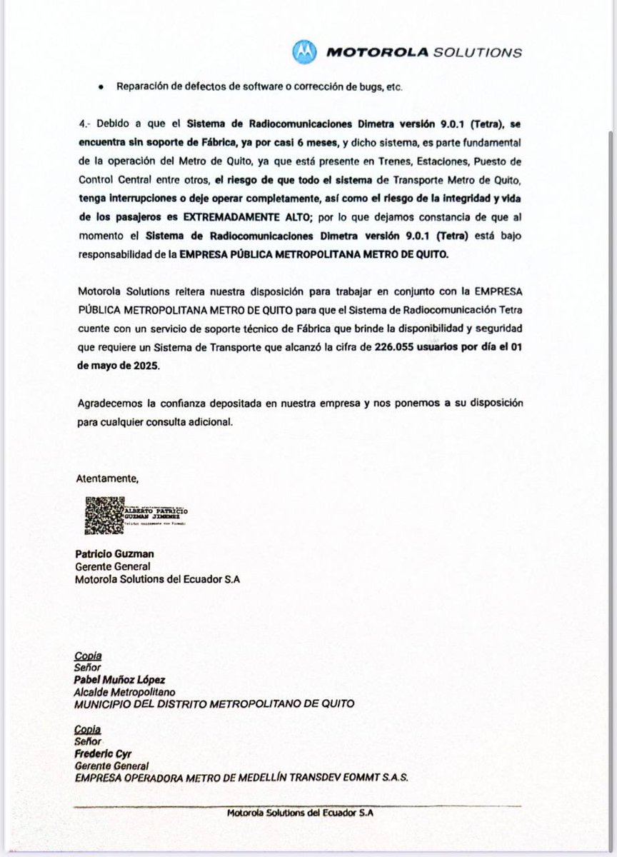 Andrés Campaña Remache (@acampanaremache) on Twitter photo 🚇 “El riesgo de la integridad y VIDA de los pasajeros del <a href="/MetrodeQuito/">Metro de Quito</a> es EXTREMADAMENTE ALTO”. Cita textual de la carta que <a href="/pabelml/">Pabel Muñoz L.</a> no quiere que los quiteños lean.
Motorola, fabricante del sistema de radiocomunicaciones del metro, advierte que la operación del medio de 🚇 “El riesgo de la integridad y VIDA de los pasajeros del <a href="/MetrodeQuito/">Metro de Quito</a> es EXTREMADAMENTE ALTO”. Cita textual de la carta que <a href="/pabelml/">Pabel Muñoz L.</a> no quiere que los quiteños lean.
Motorola, fabricante del sistema de radiocomunicaciones del metro, advierte que la operación del medio de