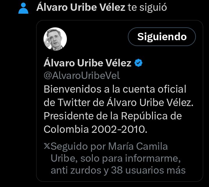 Que honor siento que el mejor presidente que ha tenido la hermana República de Colombia, se haya tomado la molestia de seguirme. Gracias <a href="/AlvaroUribeVel/">Álvaro Uribe Vélez</a>