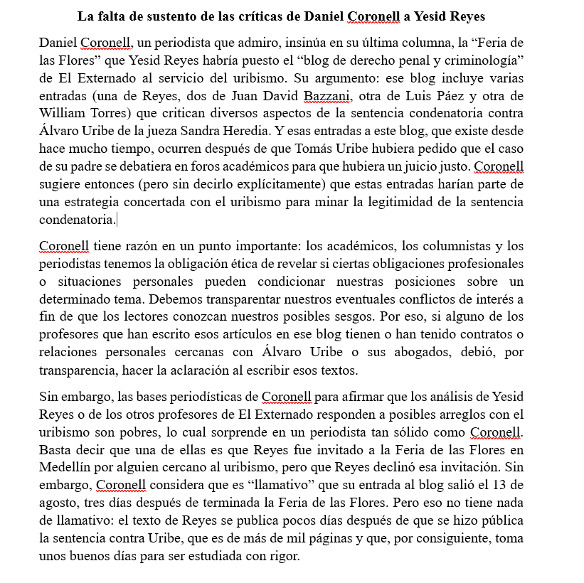 RodrigoUprimny's tweet photo. Admiro a @DCoronell  pero discrepo profundamente de sus críticas a Yesid Reyes en esta columna la “Feria de las Flores”.  Creo que carece de sustento, como lo muestro en el documento adjunto.
@losdanieles https://t.co/gj7AhXlVSj https://t.co/8ipQMVkLbS