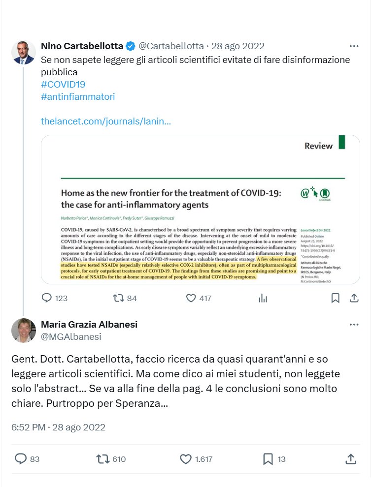 Cartabellotta e un altro incompetente cialtrone come Burioni, che non legge o non capisce gli studi che pubblica. Qui sbugiardato dalla Prof. Maria Grazia Albanesi.