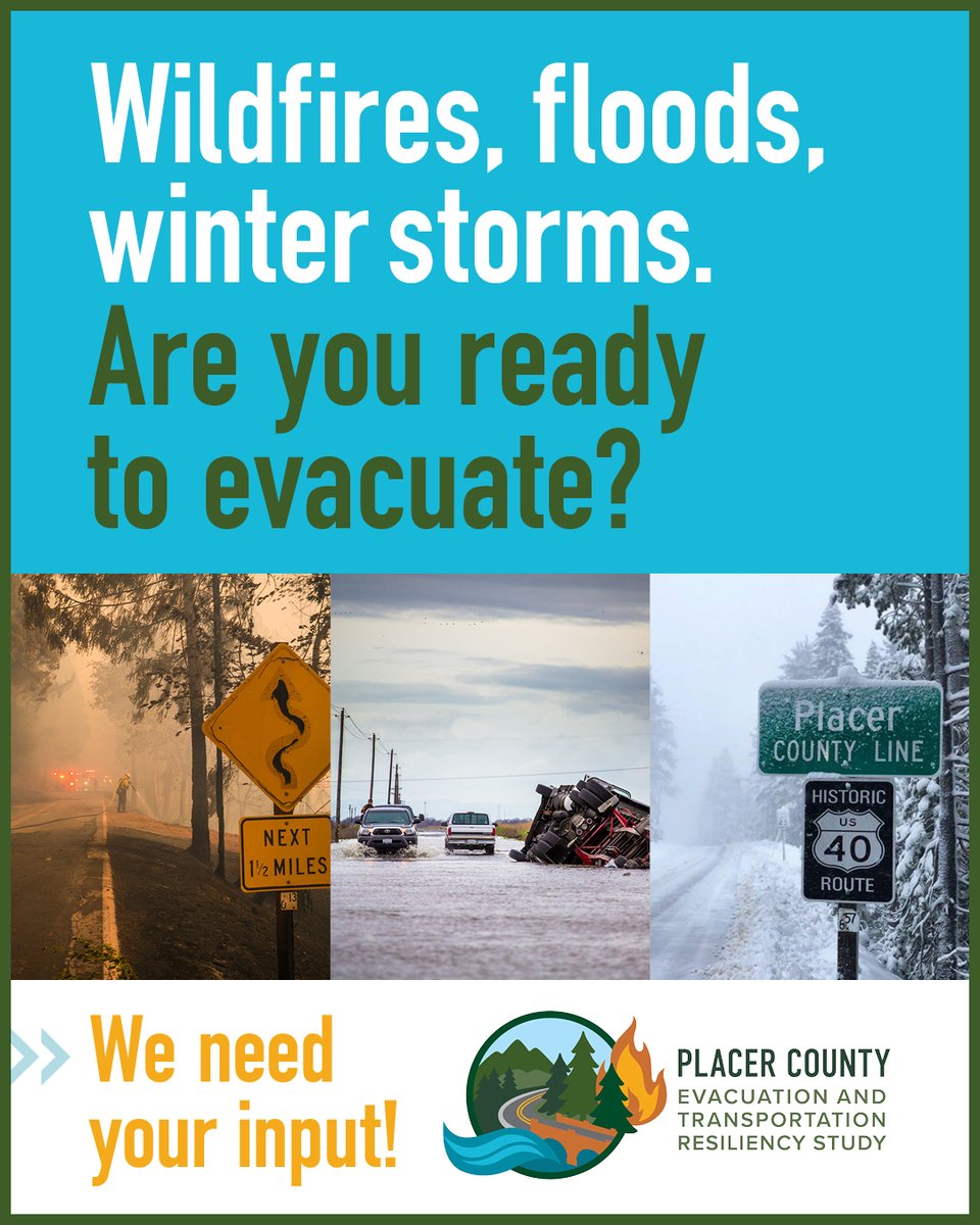 PCTPA's tweet photo. PCTPA is collaborating with the Placer County Office of Emergency Services on the Evacuation and Transportation Resiliency Study (ETRS) to strengthen community safety during wildfires, floods, and other natural hazards. Visit https://t.co/5TvDT8XjAf to share your feedback! https://t.co/U3sW6ezCnh