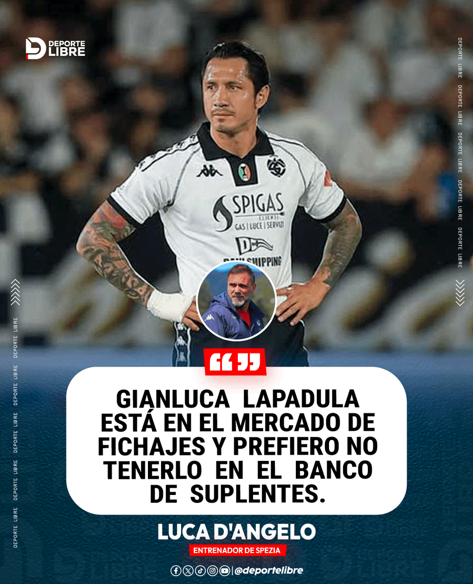 Luca D'Angelo, entrenador de Spezia, confirmó que Gianluca Lapadula 🇵🇪 está en el mercado de pases y no será considerado, ya que no suma minutos con el club.

#LucaDAngelo #GianlucaLapadula #Spezia #FútbolItaliano #PeruanosEnElExterior #MercadoDePases #SelecciónPeruana