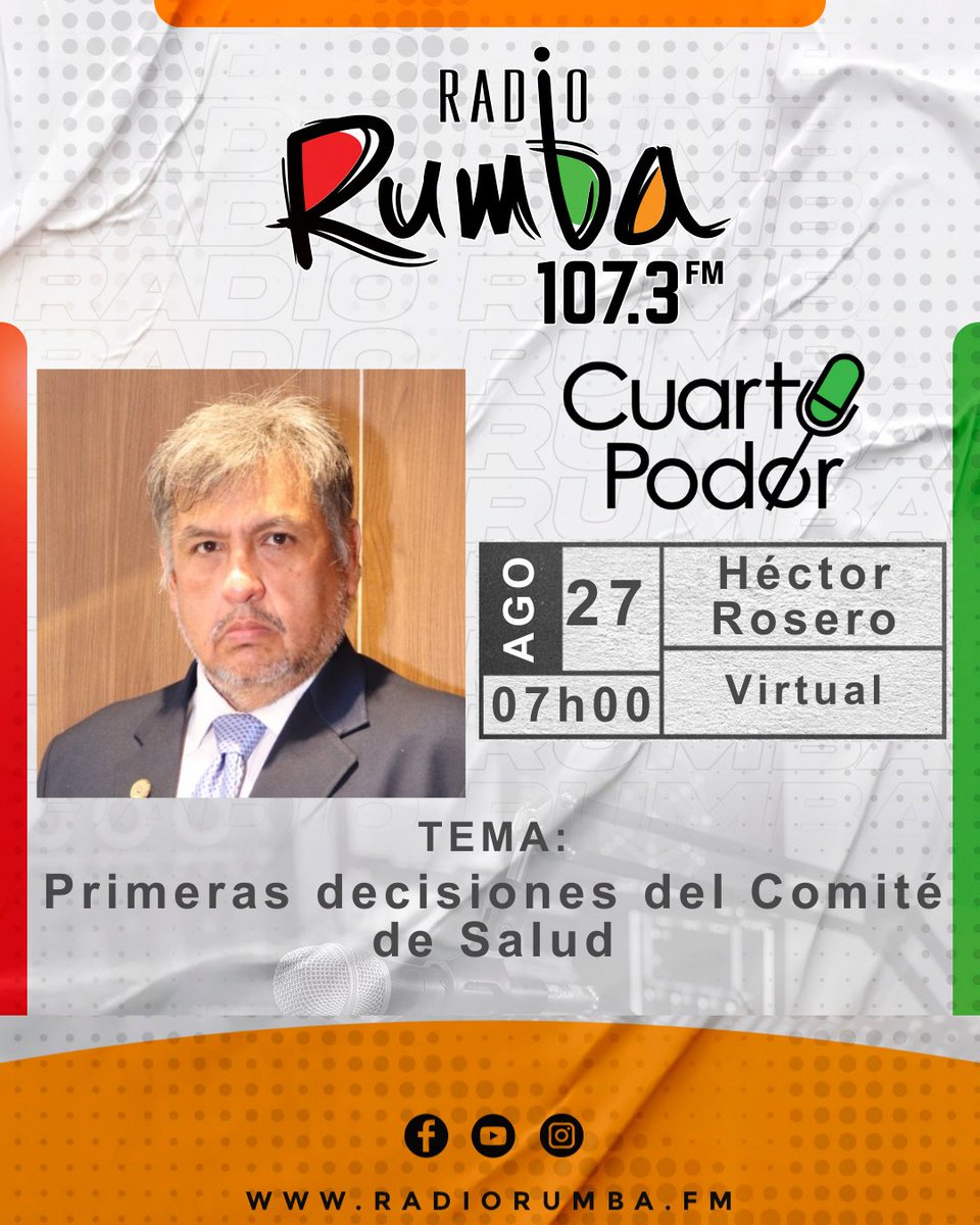 🔴 Mañana en #CUARTOPODER: Dr. Héctor Rosero (<a href="/DrHectorRoseroT/">DrHectorRoseroT</a>), Presidente del Colegio de Médicos del Guayas, con el tema: "Primeras decisiones del Comité de Salud"

🕕 07h00 | 107.3 FM #RadioRumba

#ColegioMedicos #ComiteSalud #Guayas #SistemaSalud #Ecuador #CuartoPoder