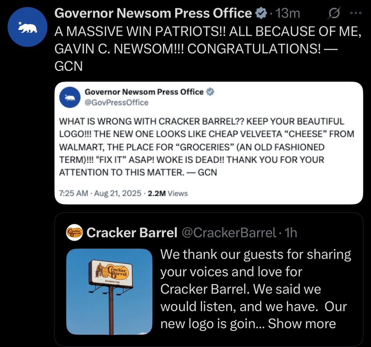Robby Starbuck (@robbystarbuck) on Twitter photo Gavin Newsom is trying to take credit for the logo reversal <a href="/CrackerBarrel/">Cracker Barrel</a> now. I know his party loves a crackhead but it doesn’t mean they need to act like they’re on crack all the time. Sorry <a href="/GavinNewsom/">Gavin Newsom</a> but Democrats are the ones who created woke. You own it. Nice try though! Gavin Newsom is trying to take credit for the logo reversal <a href="/CrackerBarrel/">Cracker Barrel</a> now. I know his party loves a crackhead but it doesn’t mean they need to act like they’re on crack all the time. Sorry <a href="/GavinNewsom/">Gavin Newsom</a> but Democrats are the ones who created woke. You own it. Nice try though!