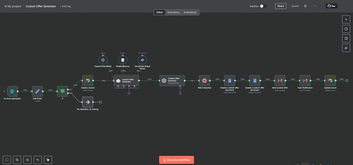 LuxeAutomations's tweet image. Here’s a workflow that shows you how to build a Custom Offer Generator AI Agent in @n8n_io that automatically creates personalized offers for your clients in seconds.
Watch the full set up video here: 👉 youtu.be/YSWeDldXLS0
#n8n #Automation #AIWorkflows #AIAgents #AI #Leads