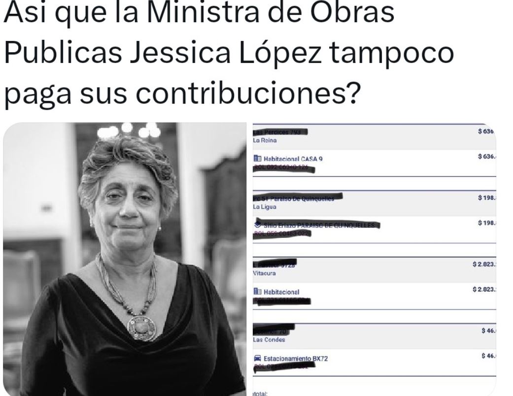 LA MINISTRA DE OBRAS PUBLICAS DE BORIC, JESSICA LOPEZ (alias la care Sapo) NO PAGA 
CONTRIBUCIONES

TODOS ESTOS ZURDOS SON "LADRONES" HAY QUE PROCESARLOS

COMPARTE, RT