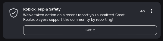 Agreg2025's tweet photo. You guys actually send notifications out when someone reports something on there. About time @Roblox https://t.co/dRpFvxvRcB