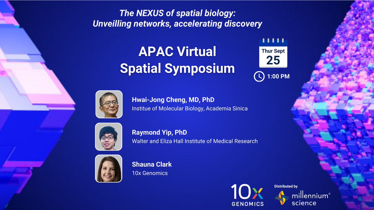 Millennium Science (@mscienceaustnz) on Twitter photo 🚀 Join us for the <a href="/10xGenomics/">10x Genomics</a> APAC Virtual Spatial Symposium on 25 Sept, 1 PM (AEST)!
Hear from leading experts on how spatial biology is driving new discoveries in genomics & disease research.
👉 Register: 10xgen.com/1PF
#SpatialBiology #APACSpatialSymposium 🚀 Join us for the <a href="/10xGenomics/">10x Genomics</a> APAC Virtual Spatial Symposium on 25 Sept, 1 PM (AEST)!
Hear from leading experts on how spatial biology is driving new discoveries in genomics & disease research.
👉 Register: 10xgen.com/1PF
#SpatialBiology #APACSpatialSymposium