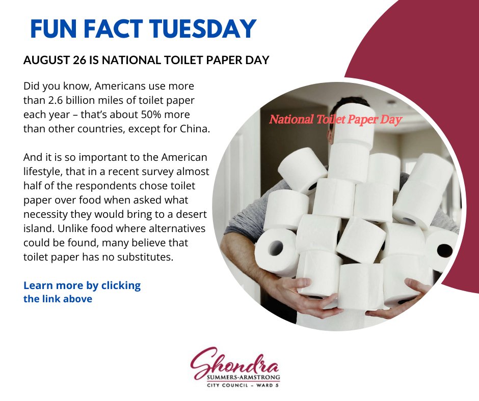 It’s National Toilet Paper Day! 🧻 Americans use 2.6B miles a year. That's a lot! If you’re going to be stranded on a desert island…what’s in your bag: snacks or Charmin? 👉 mailchi.mp/shondraarmstro…