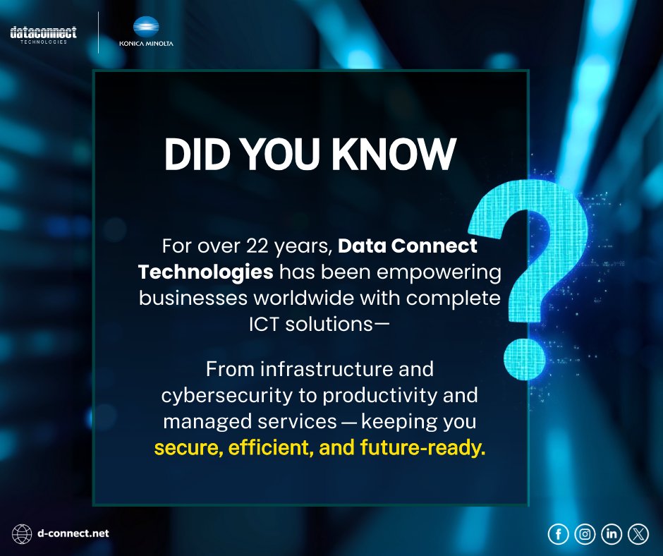 dataconnectt's tweet image. Did You Know?

Data Connect Technologies has been powering business with full-spectrum ICT Solutions—helping them work smarter, stay secure, and grow faster.

✓22 years of expertise
✓Global client base
✓Trusted ICT partner across industries

Visit d-connect.net