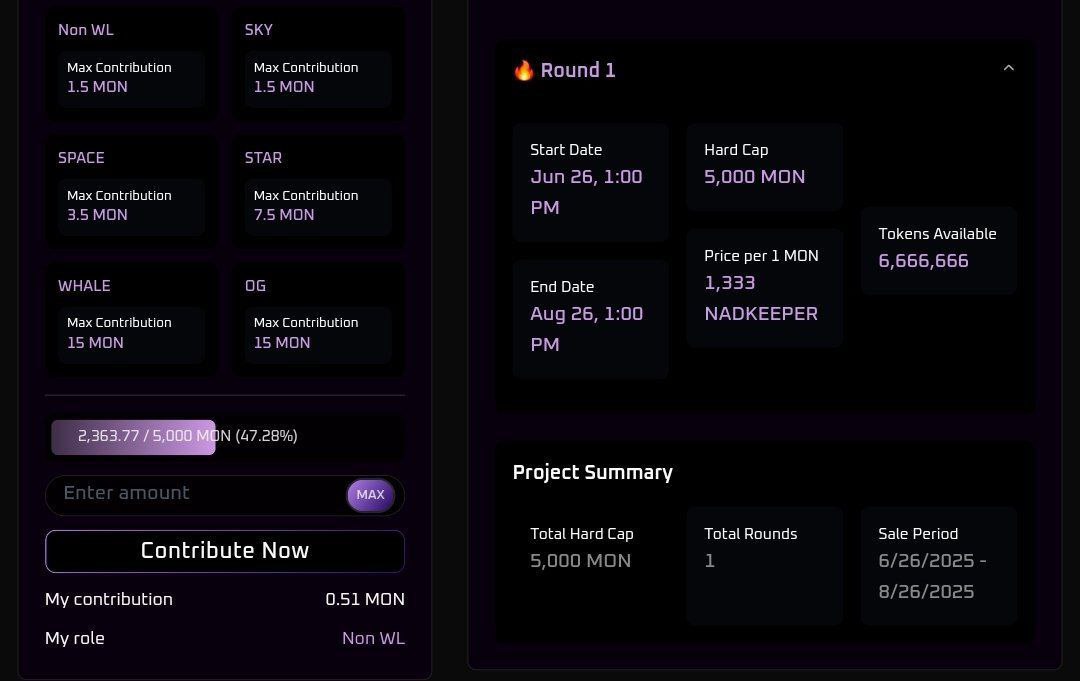 Daily Testnet om MONAD 
<a href="/PurpsExchange/">Purps DEX on Monad 🦄</a>

app.purps.xyz/project/nadkee…
▫️ Connect your wallet
▫️ Enter the amount of MON you want to contribute
▫️ The minimum MON you can contribute is 0.5 Max 1,5
▫️ Click "Contribute now" and confirm transaction
Recommended to wear <a href="/haha_app/">HaHa Wallet 🤣</a>
<a href="/monad/">Monad ⨀</a>