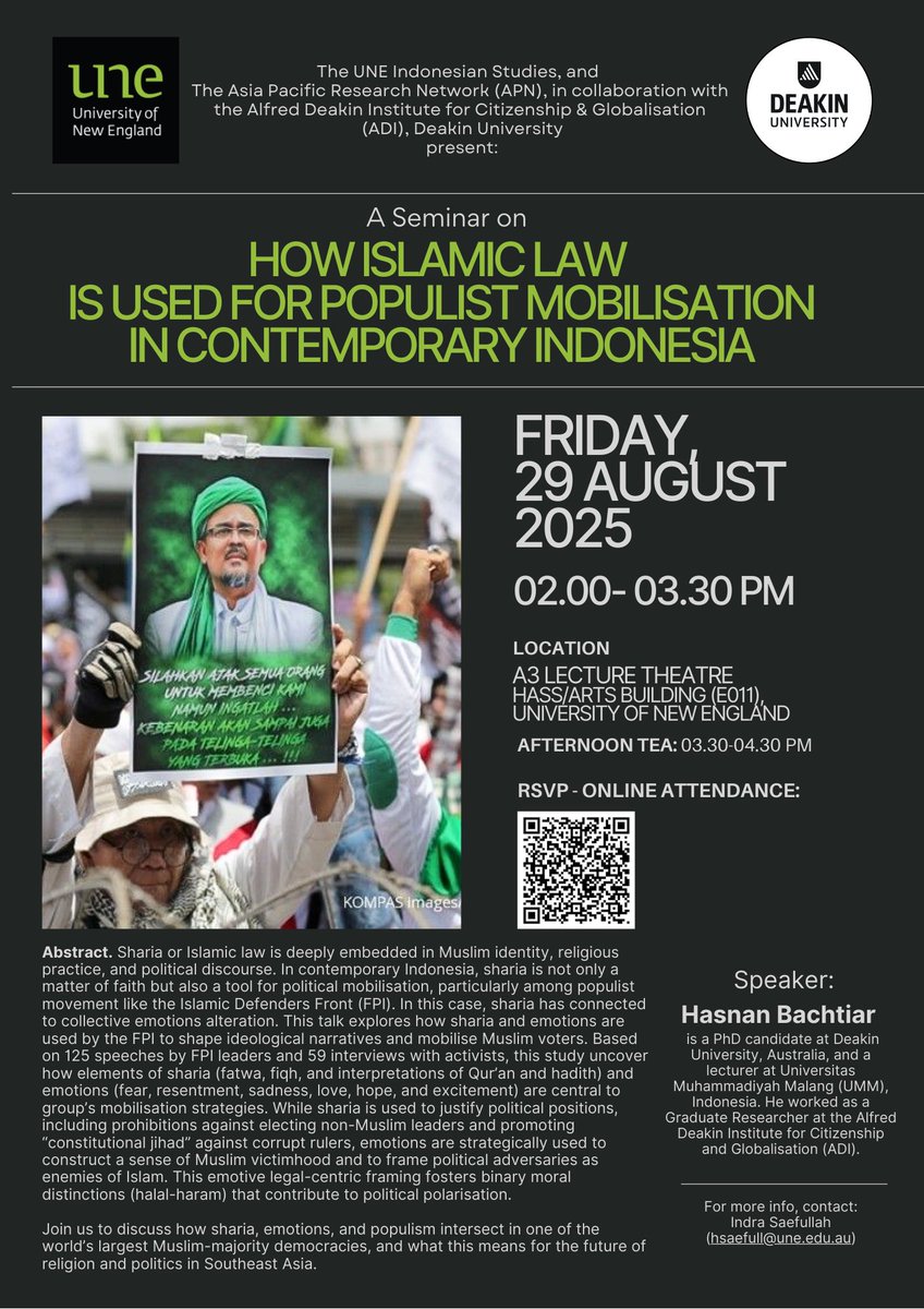 UNE Indonesian Studies, Asia Pacific Research Network (APN) &amp; Alfred Deakin Institute for Citizenship &amp; Globalisation present a (hybrid) seminar:

📅 Friday, 29 August 2025
🕑 2 PM AEST
📍A3 LT, Arts Building, <a href="/UniNewEngland/">Uni of New England</a> 
🌐 Online attendance RSVP: une-au.zoom.us/meeting/regist…