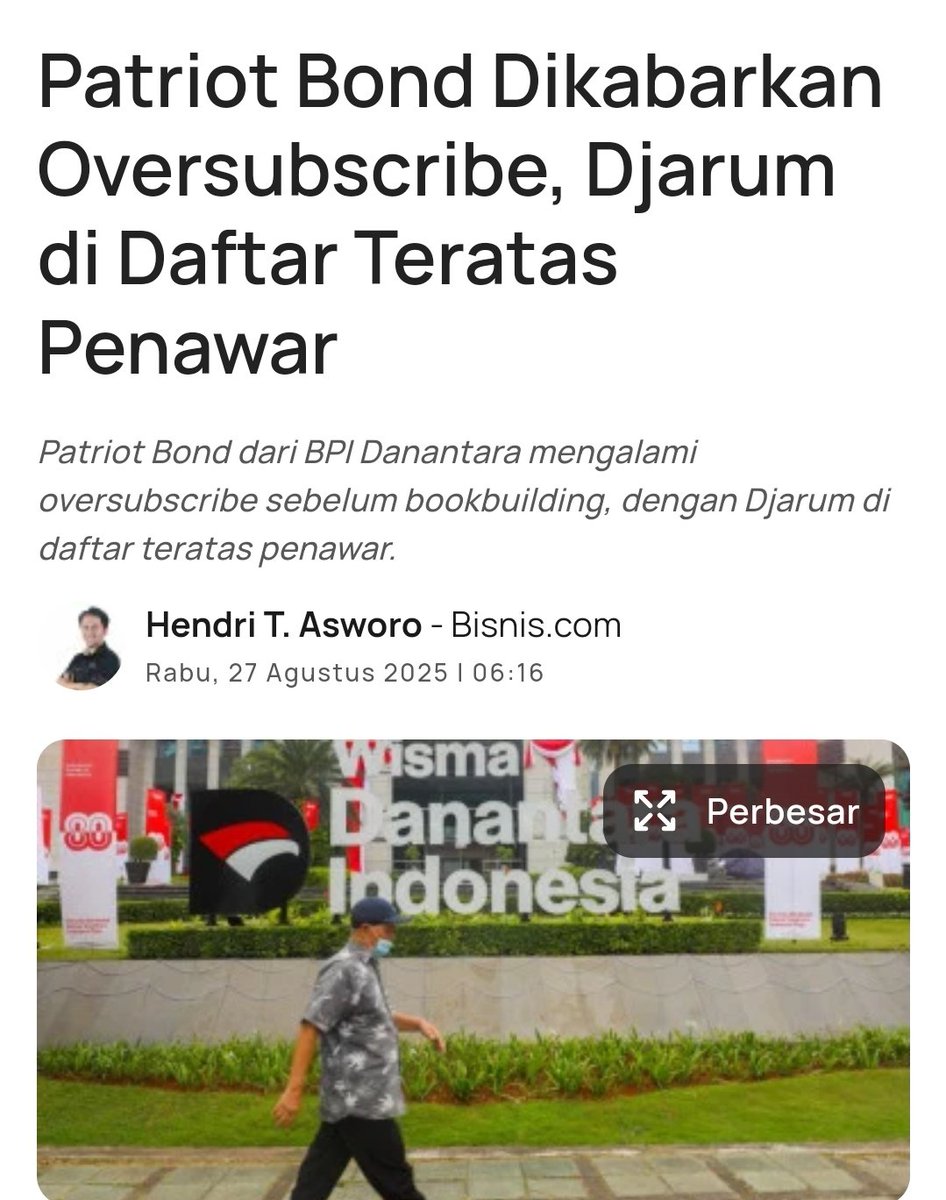 Patriot Bond kasih return cuma 2% (dibawah return obligasi Pemerintah yang 6-7%)

Kira kira siapa yang akan subscribe? 👀

Ya tau lah ya kenapa si Djarum subscribe..