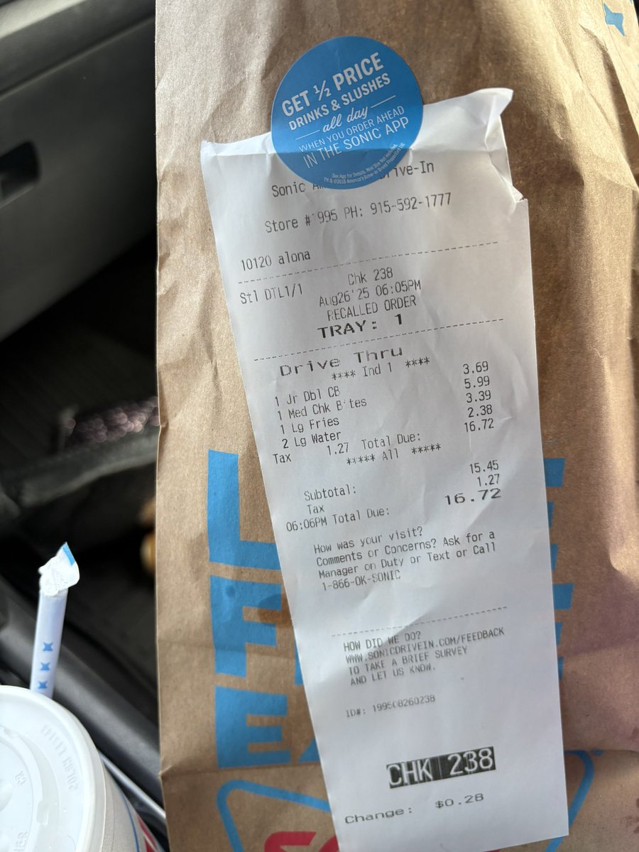 Buster_86's tweet photo. It’s shameful that @sonicdrivein charges $2.38 for two cups of tap water. Very disappointed with the experience.. https://t.co/KNLjKqEdkD