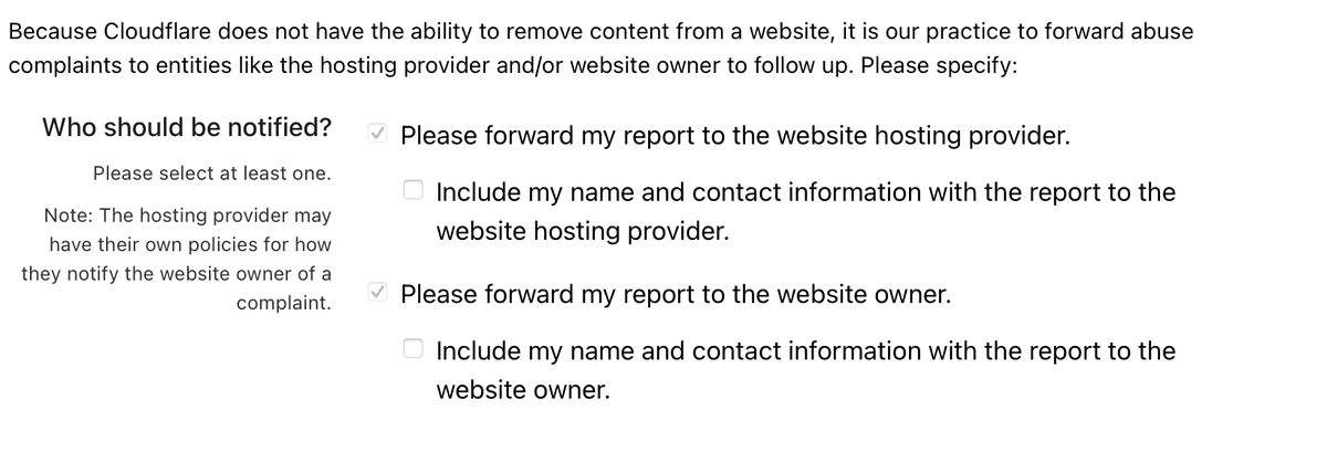 macuisdein's tweet photo. @Cloudflare why will you automatically forward my report of someone using your services in phishing? I can't uncheck those options. https://t.co/tP77wTTHpv
