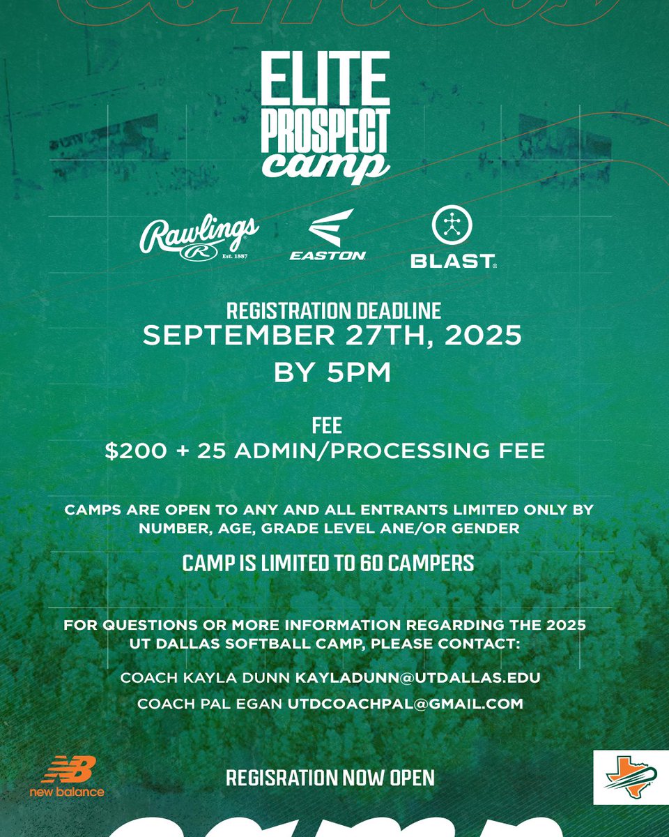 UT Dallas Softball (@utdcometsb) on Twitter photo SAVE THE DATE 🗓️➡️ September 28th
Our Elite Prospect Camp will be featuring
1️⃣Live Bat Demo <a href="/RawlingsSB/">Rawlings Softball</a> x <a href="/EastonFastpitch/">Easton Fastpitch</a> 👀
2️⃣Measuring <a href="/blastmotion/">Blast Motion</a> metrics 💪
🗣️Register now #Whoosh utdcomets.com/sports/softball SAVE THE DATE 🗓️➡️ September 28th
Our Elite Prospect Camp will be featuring
1️⃣Live Bat Demo <a href="/RawlingsSB/">Rawlings Softball</a> x <a href="/EastonFastpitch/">Easton Fastpitch</a> 👀
2️⃣Measuring <a href="/blastmotion/">Blast Motion</a> metrics 💪
🗣️Register now #Whoosh utdcomets.com/sports/softball