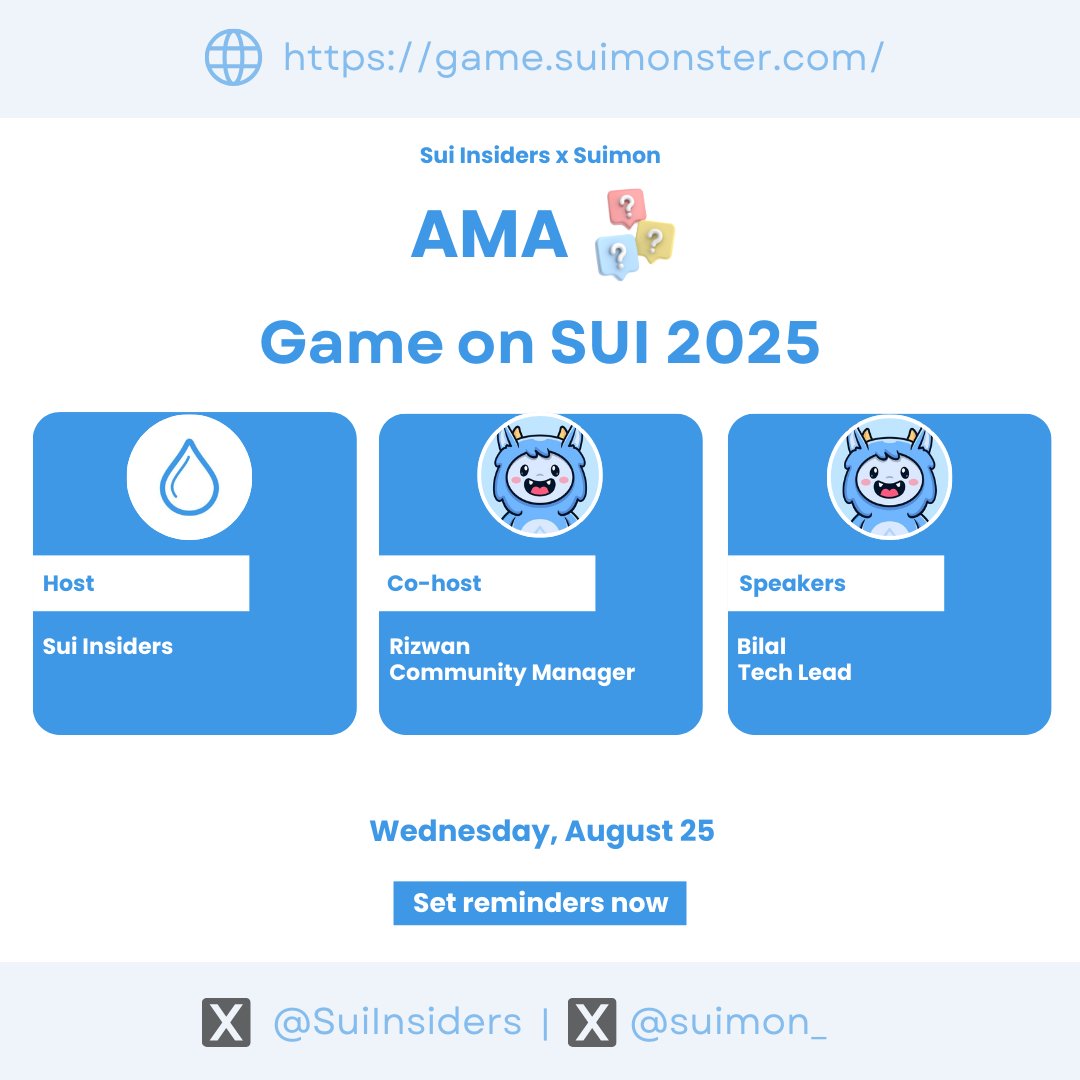 Sui Insiders💧 (@suiinsiders) on Twitter photo 📢AMA SHOW: Game on Sui - Suimon Project Journey
🎁 $50 SUIMON tokens rewards will be shared for 5 lucky members who join this space. Good luck!
🔔 Set a reminder: x.com/i/spaces/1mrGm…
📍 Sui Insiders 𝕏 Space
⏰ 12PM UTC | 27 August 2025
• Host: <a href="/SuiInsiders/">Sui Insiders💧</a>
• Co-host: 📢AMA SHOW: Game on Sui - Suimon Project Journey
🎁 $50 SUIMON tokens rewards will be shared for 5 lucky members who join this space. Good luck!
🔔 Set a reminder: x.com/i/spaces/1mrGm…
📍 Sui Insiders 𝕏 Space
⏰ 12PM UTC | 27 August 2025
• Host: <a href="/SuiInsiders/">Sui Insiders💧</a>
• Co-host: