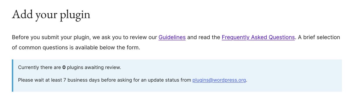 Whoa, just noticed that there are 0 plugins awaiting review! Congratulations <a href="/WordPress/">WordPress</a> plugin review team for wiping them all out 🎉