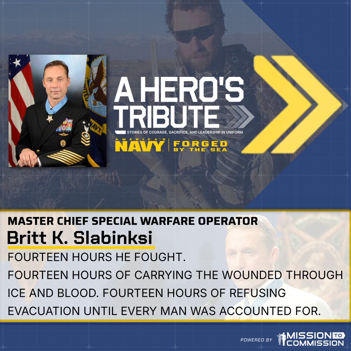On Takur Ghar’s frozen ridge, Master Chief Britt Slabinski chose to climb instead of retreat.

14 hours of fire, snow, and blood—he carried his men until every one made it home.

#StoriesOfValor #MedalOfHonor #MissionToCommission