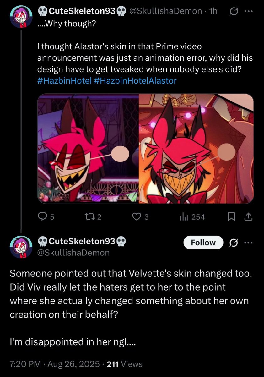 I promised myself I’d forget this person existed but I need yall to know that they’re genuinely upset about Velvette and Alastor getting a skin tone update bc they always admired Viv for.. refusing to make them actually look black when black ppl told her it was racist?
