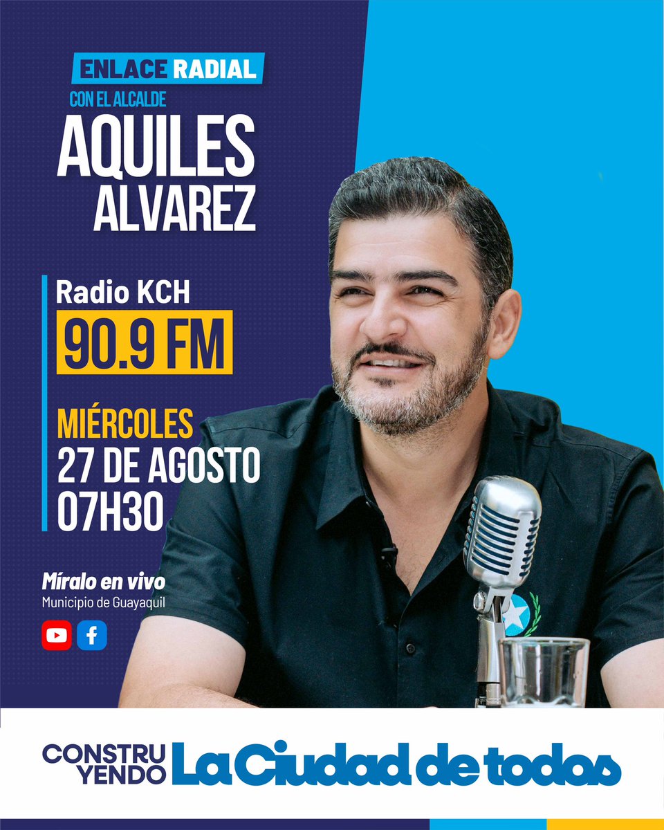 Muy Ilustre Municipalidad de Guayaquil (@alcaldiagye) on Twitter photo 📻 #EnlaceRadial
Este miércoles 27 de agosto – 7:30 AM acompaña al Alcalde <a href="/aquilesalvarez/">Aquiles Alvarez Henriques</a> en un nuevo espacio de diálogo y conoce de primera mano los avances de nuestra ciudad.
📲 Conéctate en vivo:
🔴 YouTube: youtube.com/live/ZiNdmH-RX…
🔵 Facebook: facebook.com/share/1bGwCuXc… 📻 #EnlaceRadial
Este miércoles 27 de agosto – 7:30 AM acompaña al Alcalde <a href="/aquilesalvarez/">Aquiles Alvarez Henriques</a> en un nuevo espacio de diálogo y conoce de primera mano los avances de nuestra ciudad.
📲 Conéctate en vivo:
🔴 YouTube: youtube.com/live/ZiNdmH-RX…
🔵 Facebook: facebook.com/share/1bGwCuXc…