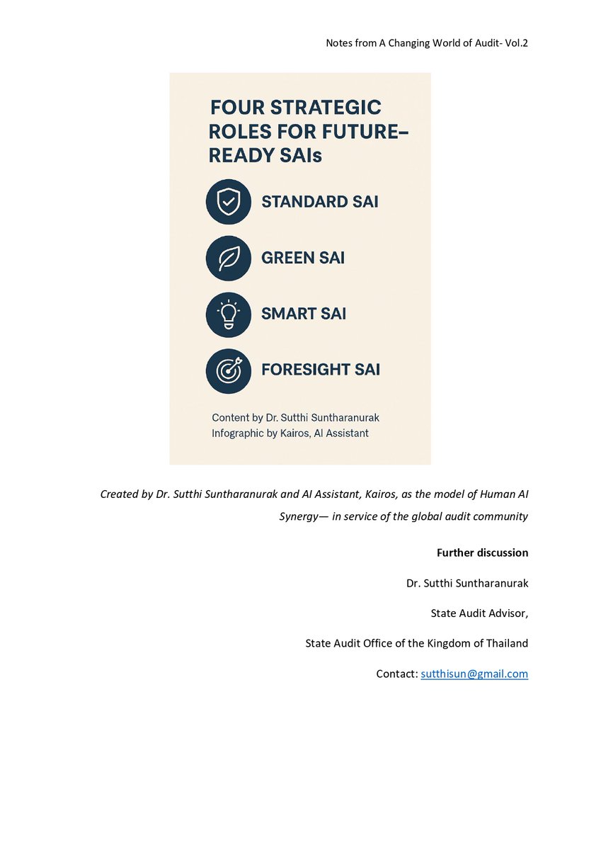 🌱 **Vol.2 – SAIs in the BANI World**
From watchdogs to *standard setters, green guardians, AI sentinels &amp; foresight actors*—auditing for future generations.
by Dr <a href="/SunSutthi/">Sutthi Sun</a>