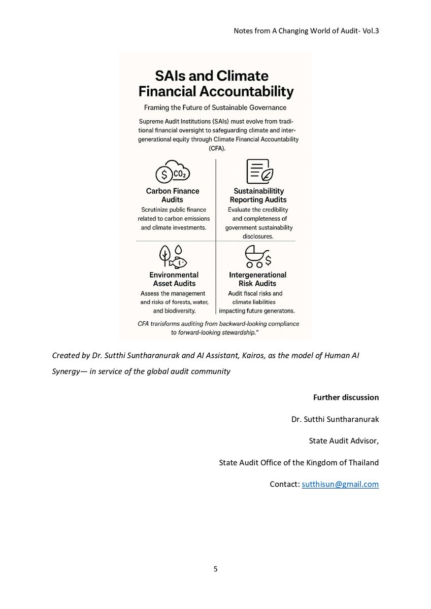 🌍 **Vol.3 – Climate Financial Accountability (CFA)**
Climate = finance.
SAIs must ensure today’s budgets don’t harm tomorrow’s resilience.
Account for the future, not just the past.
by Dr <a href="/SunSutthi/">Sutthi Sun</a>