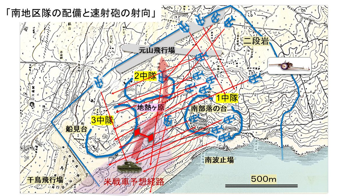 「硫黄島の対戦車戦闘」
敵南地区隊の配備と速射砲の射撃方向から、敵戦車が地熱ヶ原から元山飛行場に前進することを的確に予想し、その経路に射撃方向が集中指向されていたことがわかる。
また陸軍の一式47㎜速射砲が側面500mからしか貫徹できない特性を十分配慮しており、周到さ・真剣さが窺える。