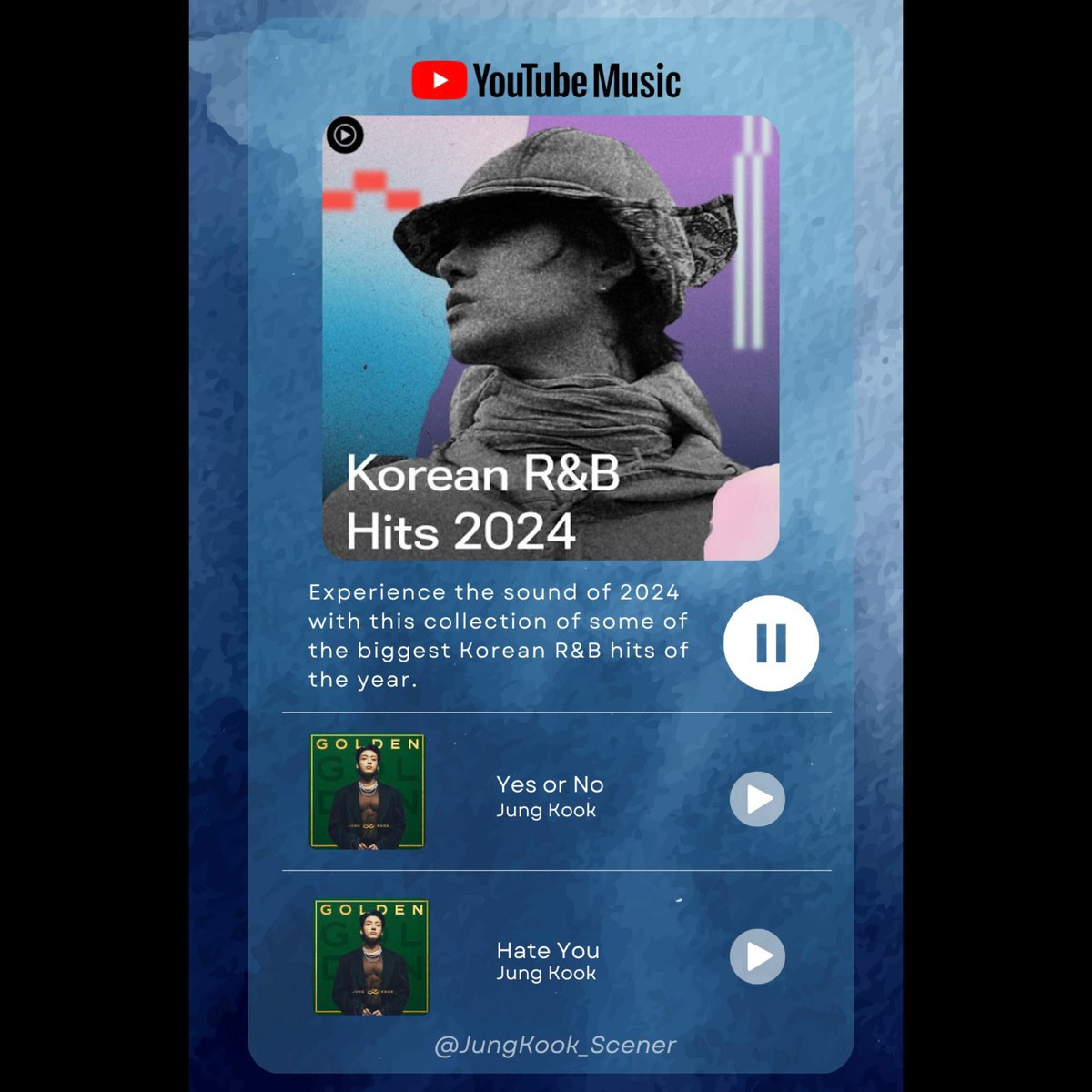 From Pop hits to R&amp;B excellence!🔥

#JungKook’s “Yes or No” &amp; “Hate You” from GOLDEN album are now featured in YouTube Music’s ‘Korean R&amp;B Hits 2024’ playlist. 🎶🔥

music.youtube.com/playlist?list=…

CONGRATULATIONS JUNGKOOK
#YesOrNo #HateYou