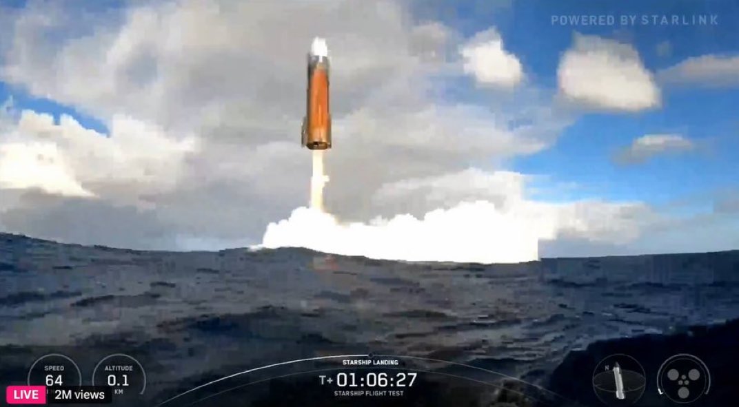 News: Just before impact! Starship heading for a perfect splashdown in the Indian Ocean!