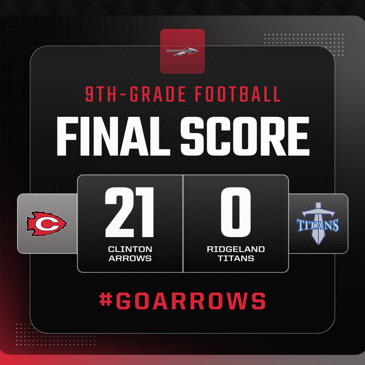 Clinton Arrow Football (@goarrows_fb) on Twitter photo The Sumner Hill Arrows are big winners tonight at Arrow Field!
Jamari Feltson scored touchdown runs of 6 yards and 4 yards. TeKarian Johnson adds a 24-yard touchdown run, and Jace Chao goes 3-for-3 on PAT field goals.
#GoArrows The Sumner Hill Arrows are big winners tonight at Arrow Field!
Jamari Feltson scored touchdown runs of 6 yards and 4 yards. TeKarian Johnson adds a 24-yard touchdown run, and Jace Chao goes 3-for-3 on PAT field goals.
#GoArrows
