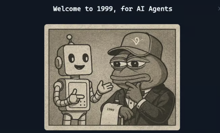 Illustration of an AI robot and a skeptical frog discussing in a vintage style with the caption Welcome to 1999 for AI Agents