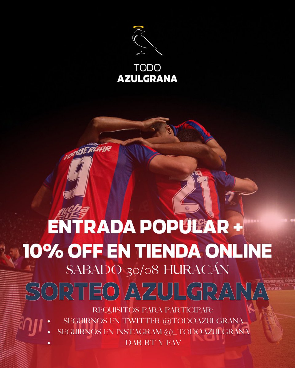 🔵🔴SORTEAMOS UNA ENTRADA POPULAR LOCAL PARA EL PARTIDO VS HURACÁN + 10% OFF EN NUESTRA TIENDA ONLINE🔵🔴

‼️Requisitos‼️
-Seguir en Twitter: <a href="/TodoAzulgrana/">Todo Azulgrana🌪</a> 
-Seguir en Instagram: @_todoazulgrana
-Dar ❤ Fav y 🔄 RT a este tweet

🔵🔴El sorteo finaliza el día Viernes 29/08 a las